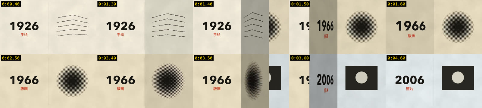 Contact sheet of the page-turn component: years printed on pages that turn over